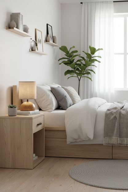 Lámpara sobremesa base madera lino beige E14 Luci Trio Lighting en dormitorio nórdico