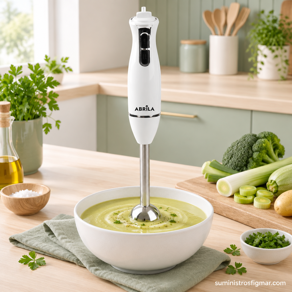 Batidora de mano Indox blanca de 450 W preparando una crema en una cocina moderna, imagen de Suministros Figmar