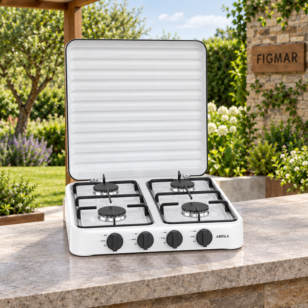 Cocina Foster de cuatro quemadores en terraza exterior con fondo Figmar