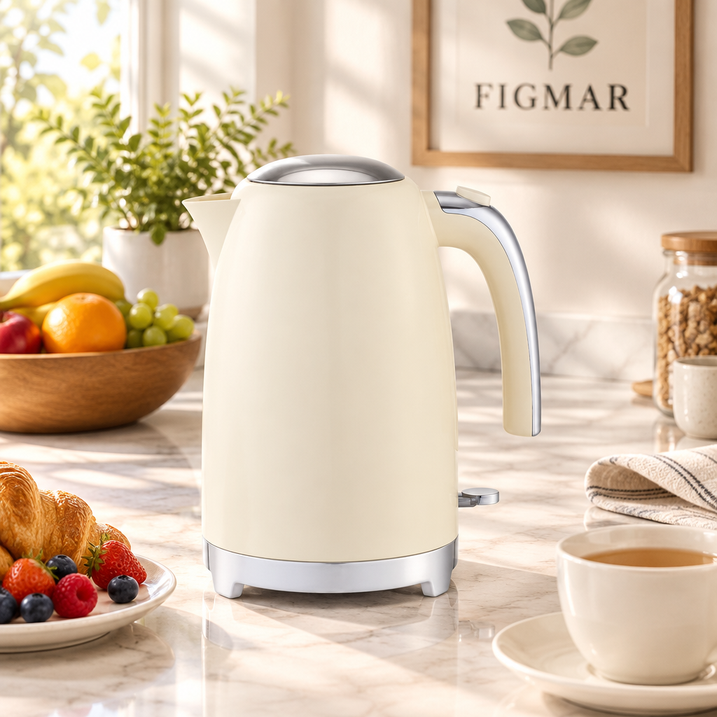 Escena ilustrativa de hervidor beige en desayuno con FIGMAR al fondo