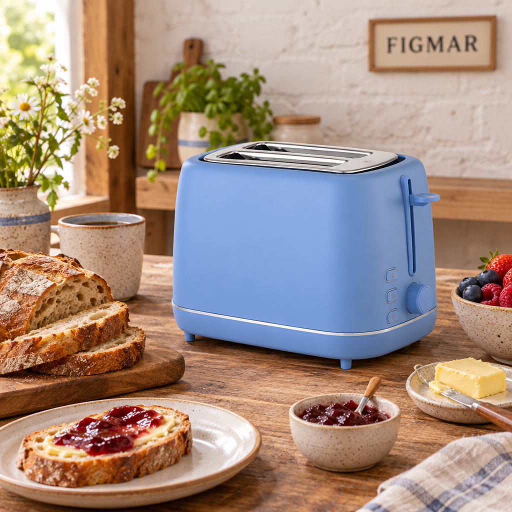 Escena ilustrativa de tostador azul de dos ranuras en mesa de brunch con FIGMAR al fondo