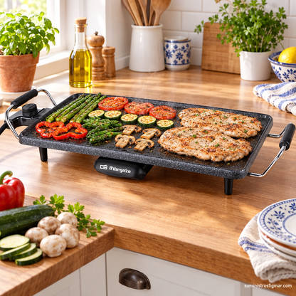Plancha Orbegozo TBC3000 de 2000 W con pollo, pimientos, calabacín y champiñones, imagen de Suministros Figmar