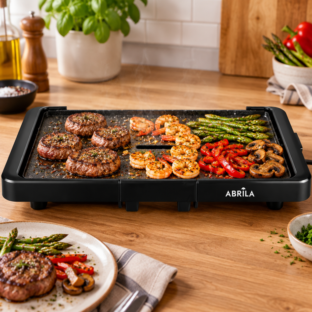 Plancha Suzuka de 2200 W con carne, gambas, espárragos, pimientos y champiñones a la parrilla, imagen de Suministros Figmar