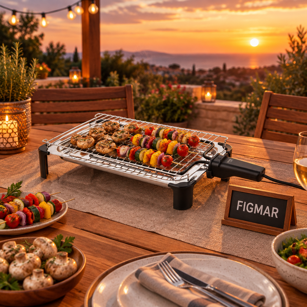 Escena ilustrativa de parrilla eléctrica Haeger Grillie sobre mesa al atardecer con cartel Figmar