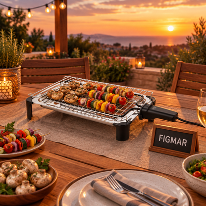 Escena ilustrativa de parrilla eléctrica Haeger Grillie sobre mesa al atardecer con cartel Figmar