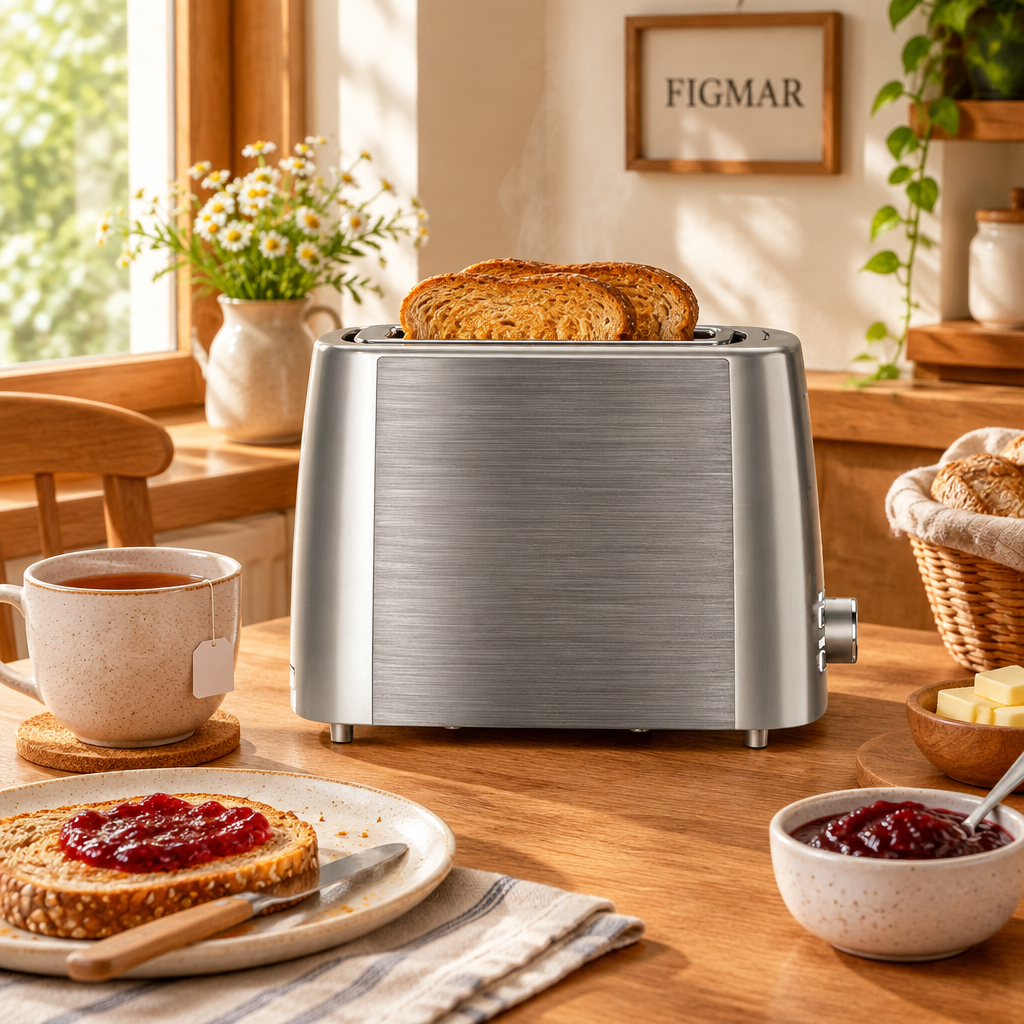 Escena ilustrativa de tostador gris/plata de dos ranuras en brunch con FIGMAR al fondo