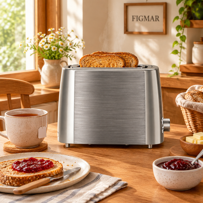 Escena ilustrativa de tostador gris/plata de dos ranuras en brunch con FIGMAR al fondo