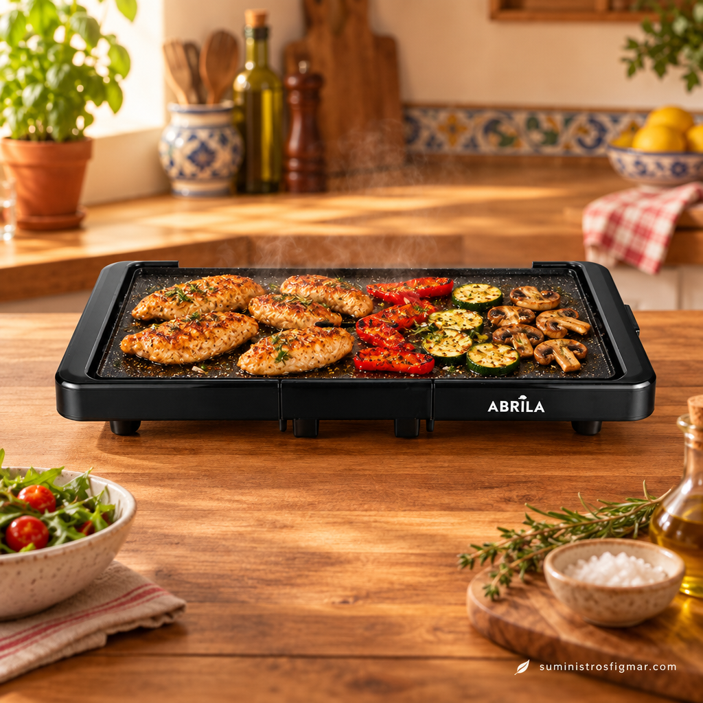Plancha Suzuka de 2200 W cocinando pollo, pimientos, calabacín y champiñones en cocina doméstica, imagen de Suministros Figmar