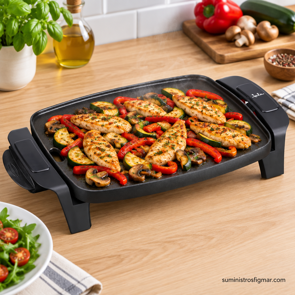 Plancha de asar Jata GR205 de 1000 W con pollo, pimientos, calabacín y champiñones, imagen de Suministros Figmar