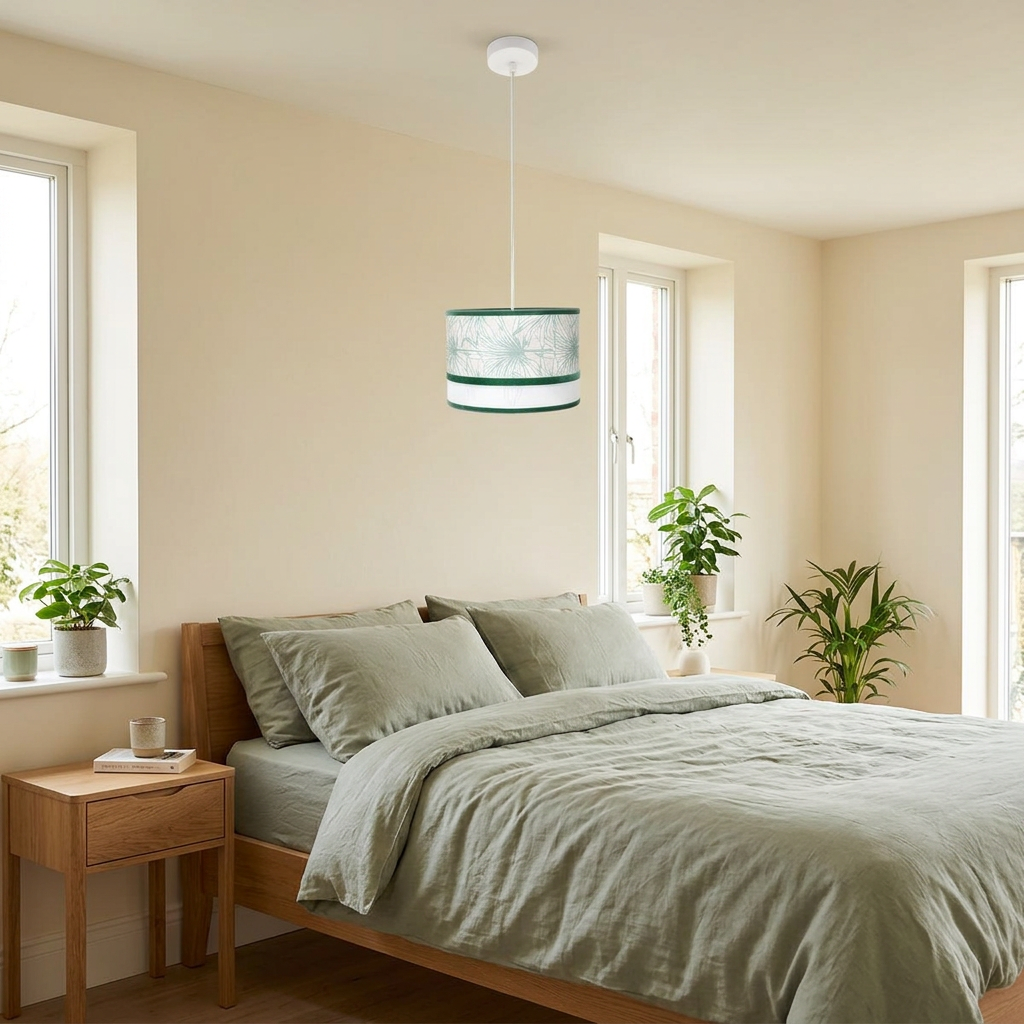 Recreación de lámpara colgante Caledonia de 30 cm en dormitorio con ropa de cama verde suave