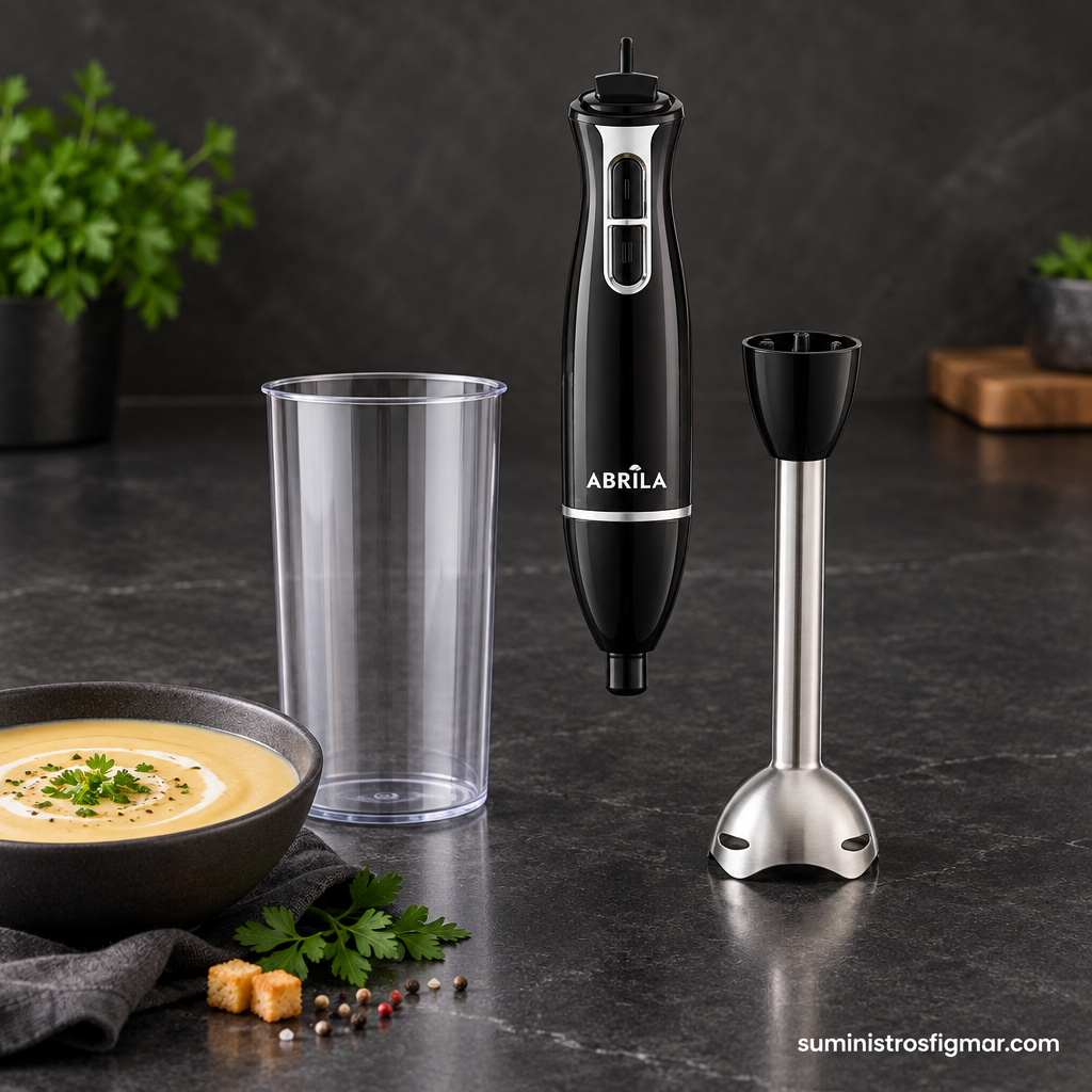 Batidora de mano Baikai negra de 450 W junto a su brazo desmontable de acero inoxidable y vaso mezclador, imagen de Suministros Figmar