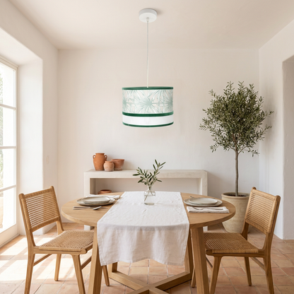 Recreación de lámpara Caledonia blanca y verde de 30 cm sobre una mesa redonda de comedor