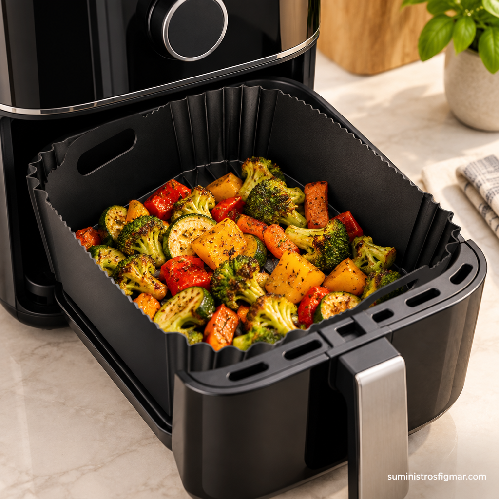 Bandeja de silicona negra Manacor de 6 por 22,5 por 22 cm colocada en una freidora de aire compacta con alimentos, imagen de Suministros Figmar