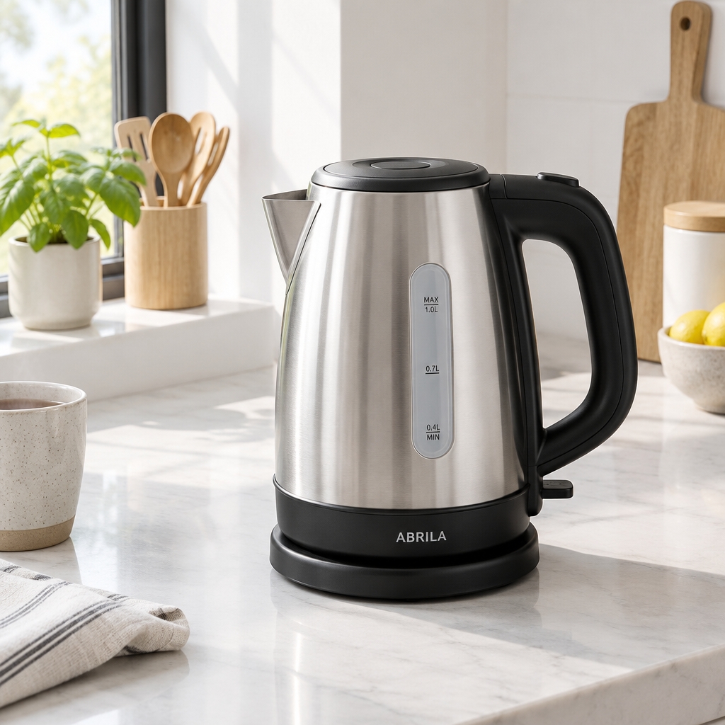 Hervidor eléctrico Flox 1 L negro/plata sobre encimera de cocina moderna junto a una ventana