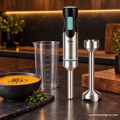Batidora de mano JATA Turbo 1500 W junto a un vaso medidor de 700 ml, imagen de Suministros Figmar