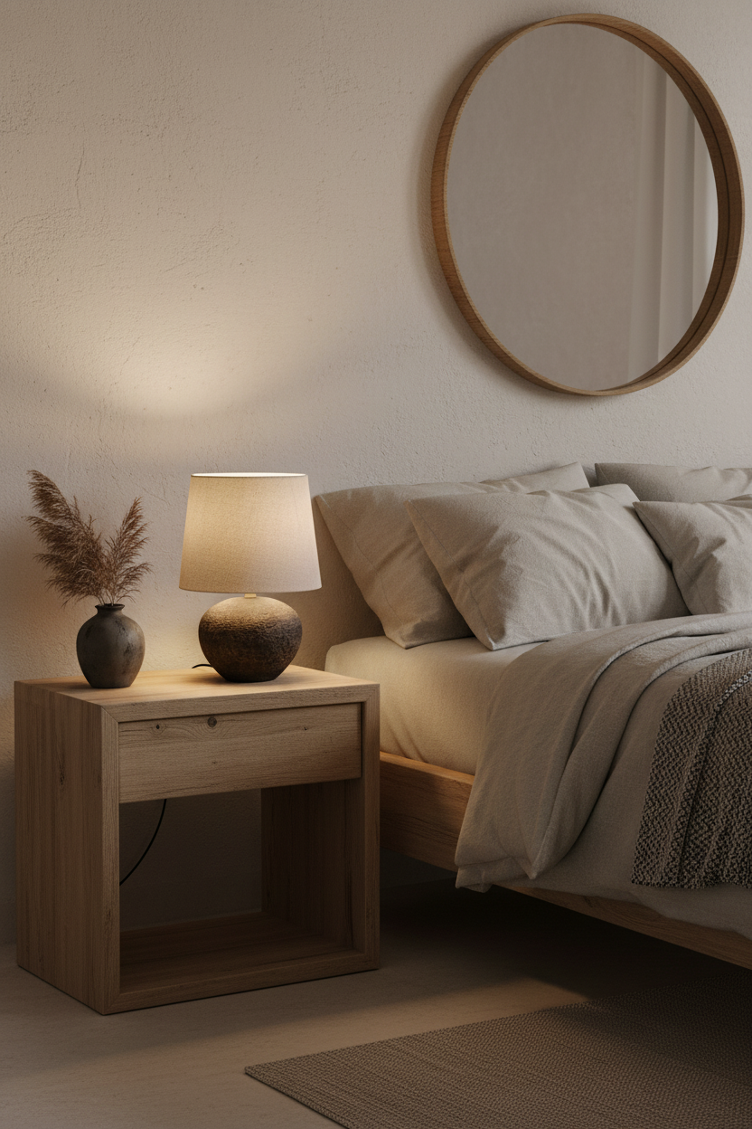 Lámpara sobremesa cerámica esférica marrón lino beige E14 Lou Trio Lighting en dormitorio wabi-sabi