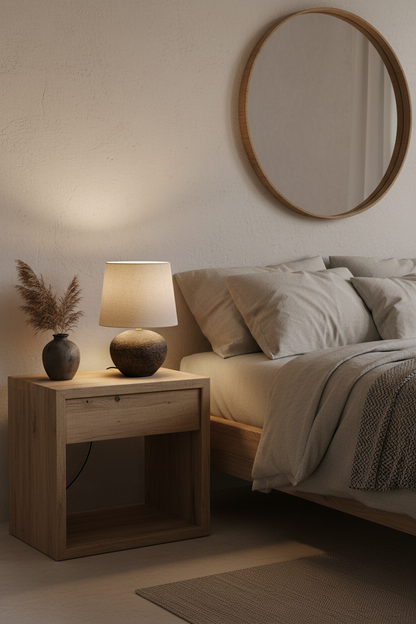 Lámpara sobremesa cerámica esférica marrón lino beige E14 Lou Trio Lighting en dormitorio wabi-sabi