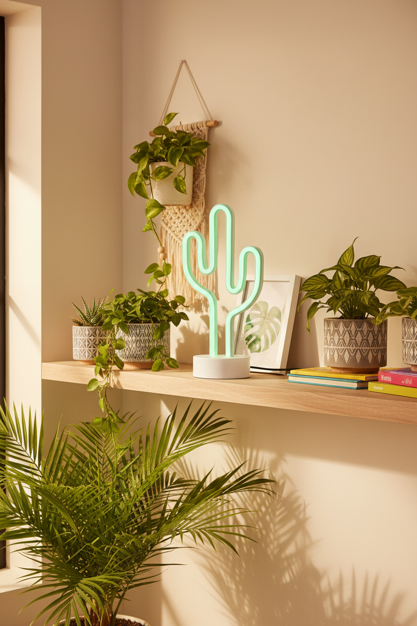Lámpara sobremesa neón cactus verde LED USB Trio Lighting encendida en habitación boho moderna