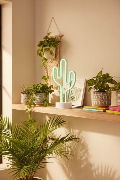 Lámpara sobremesa neón cactus verde LED USB Trio Lighting encendida en habitación boho moderna
