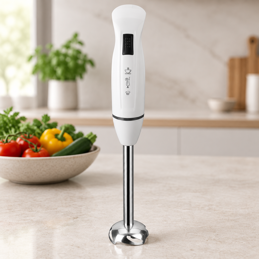 Batidora de mano JATA BT126 de 400 W sobre una encimera de piedra clara con fondo elegante