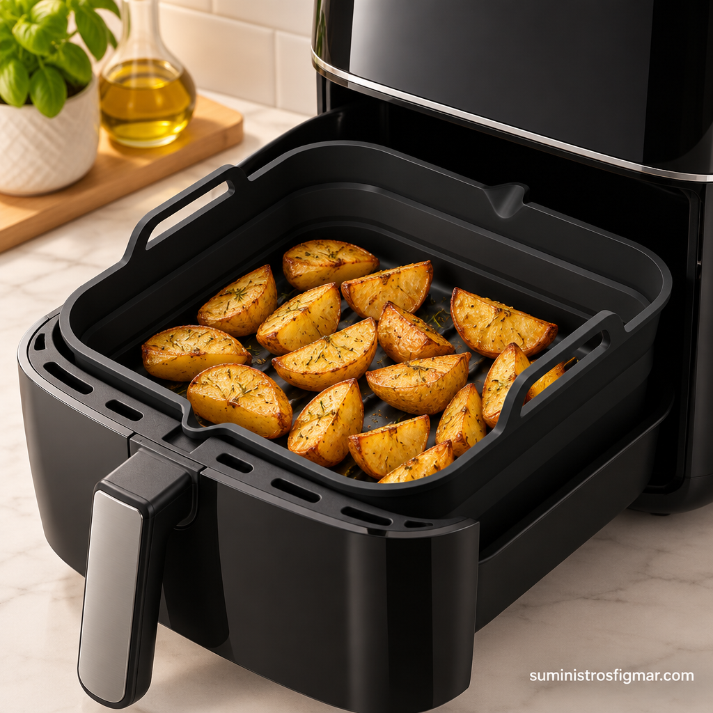 Bandeja cuadrada de silicona negra Manacor de 8,5 por 27 por 24 cm colocada en una freidora de aire grande con alimentos, imagen de Suministros Figmar
