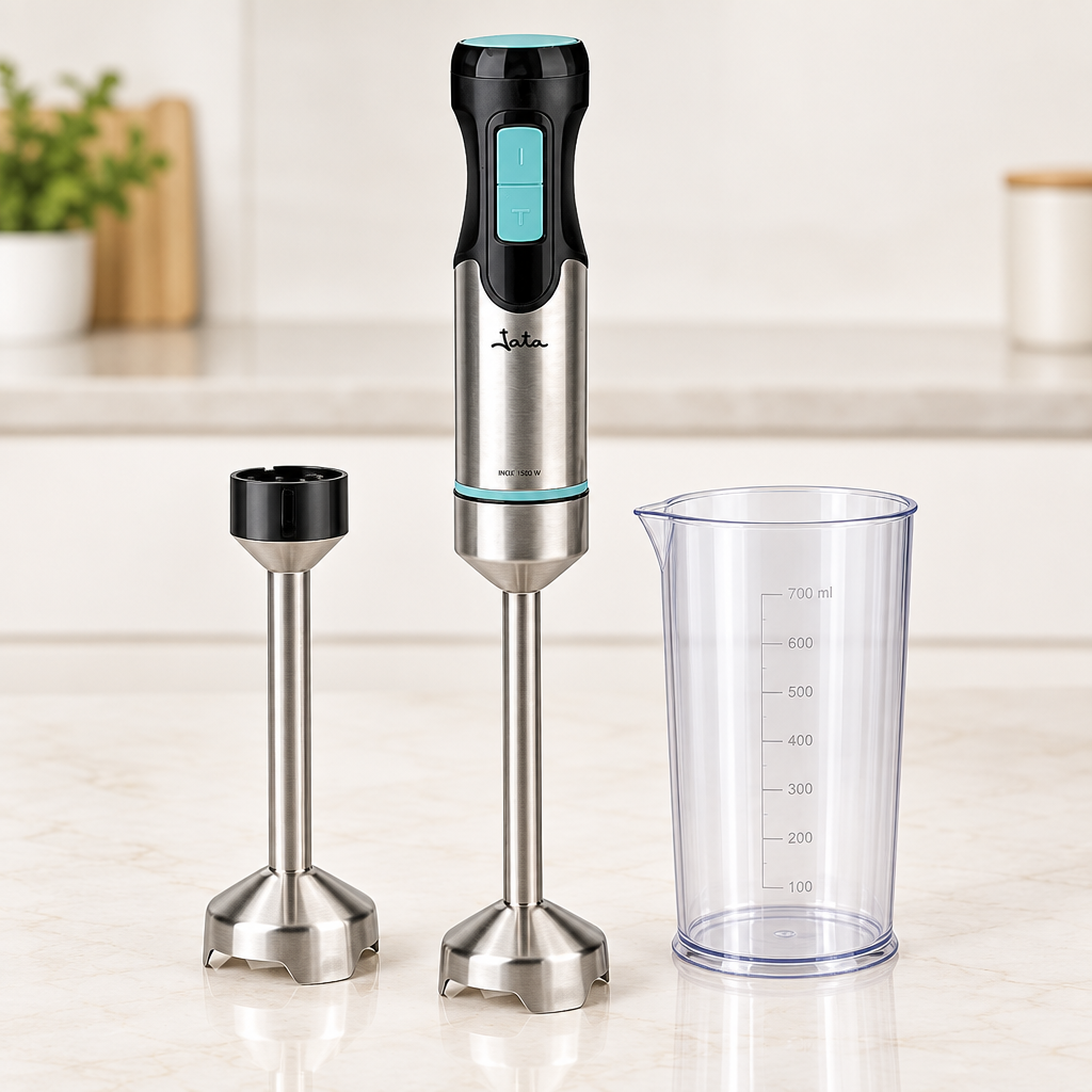 Batidora de mano JATA Turbo de 1500 W con vaso medidor sobre una encimera clara y limpia