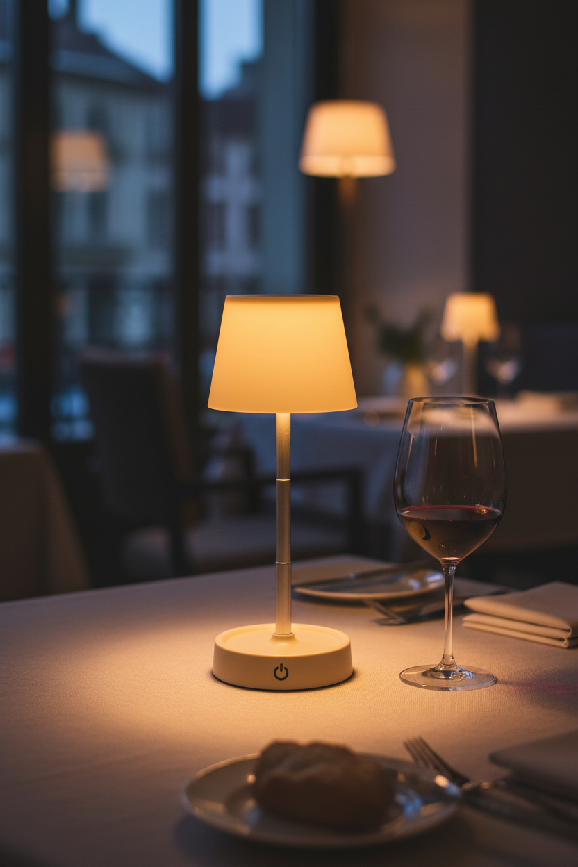 Lámpara sobremesa LED telescópica recargable color arena Carlos Globo Lighting en mesa de restaurante
