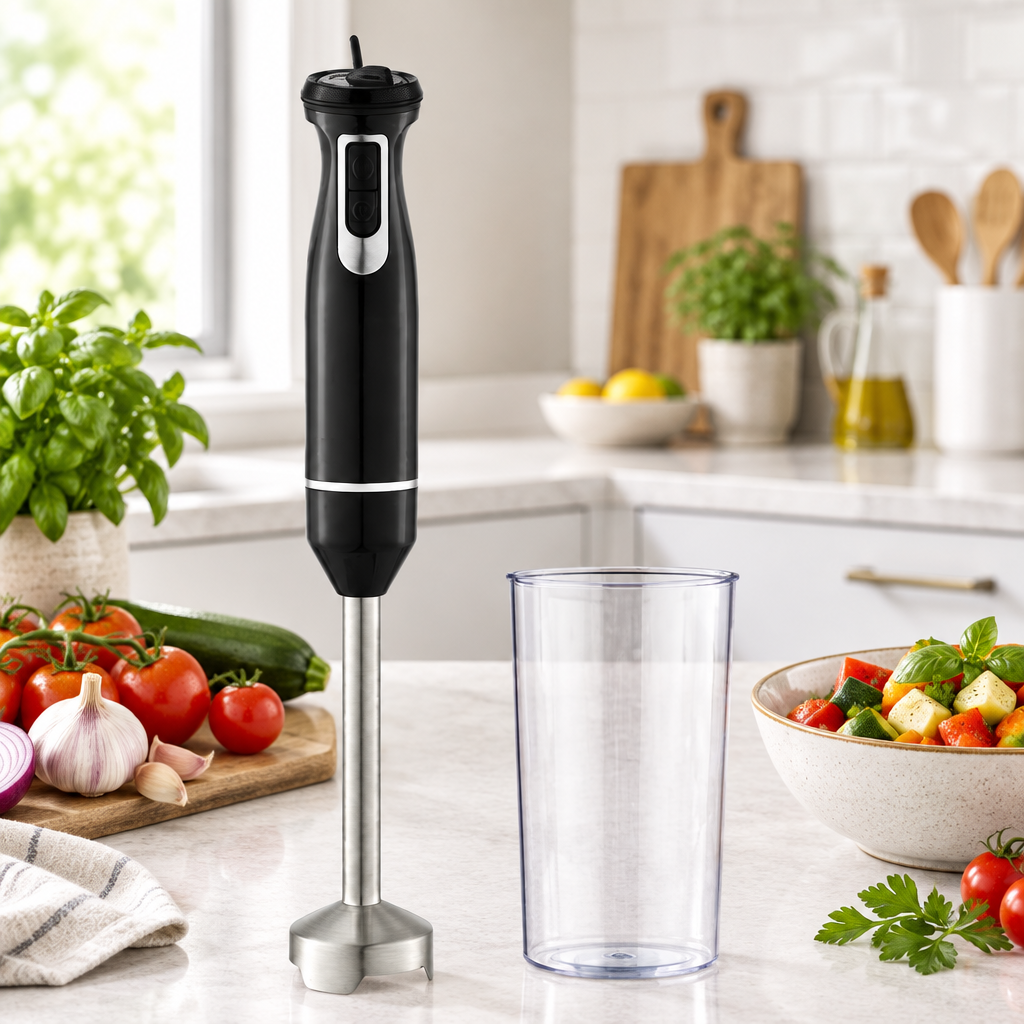 Batidora de mano Voiga 800 W negra en una cocina familiar junto a verduras frescas