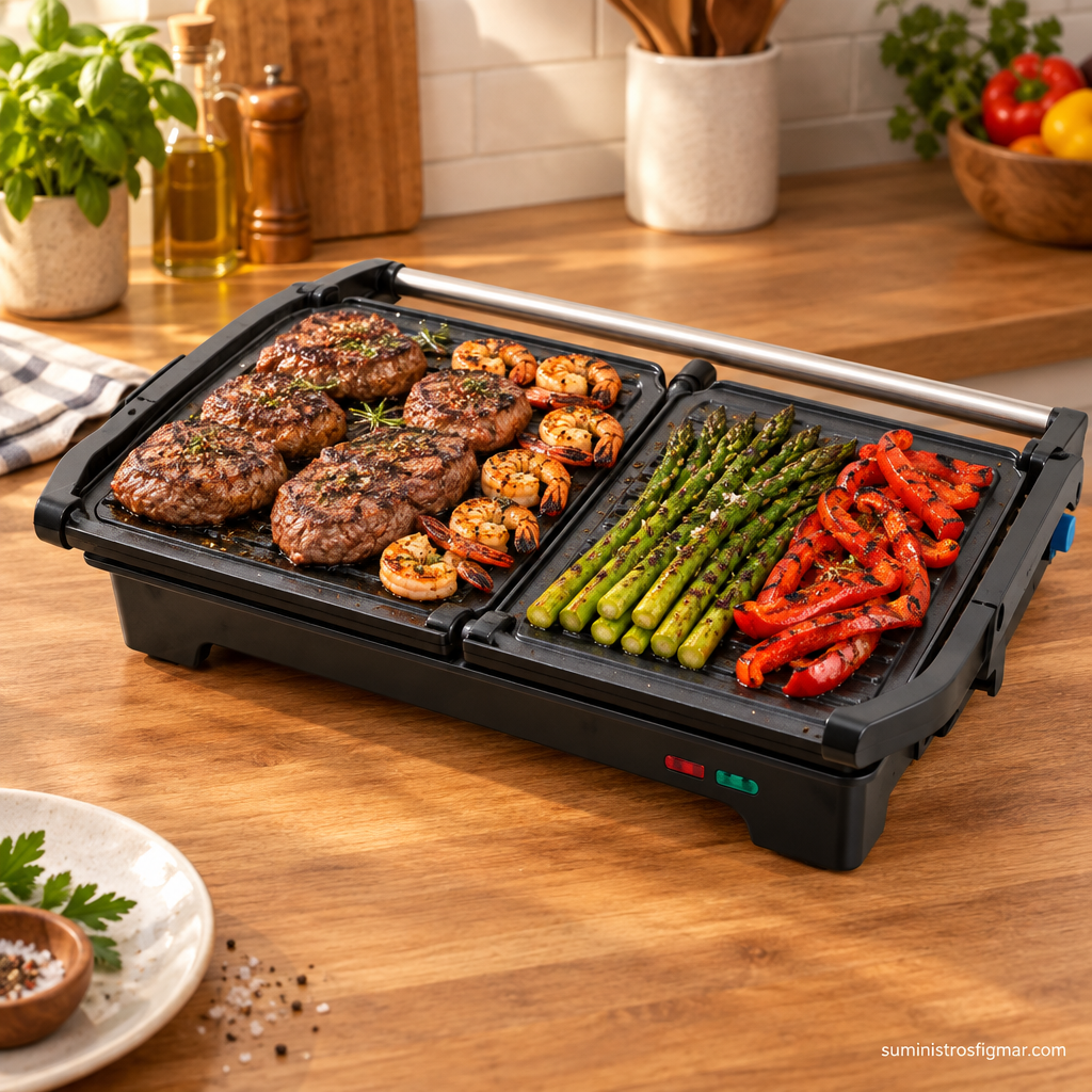 Grill Galeón de 1200 W abierto con carne, gambas, espárragos y pimientos a la parrilla, imagen de Suministros Figmar