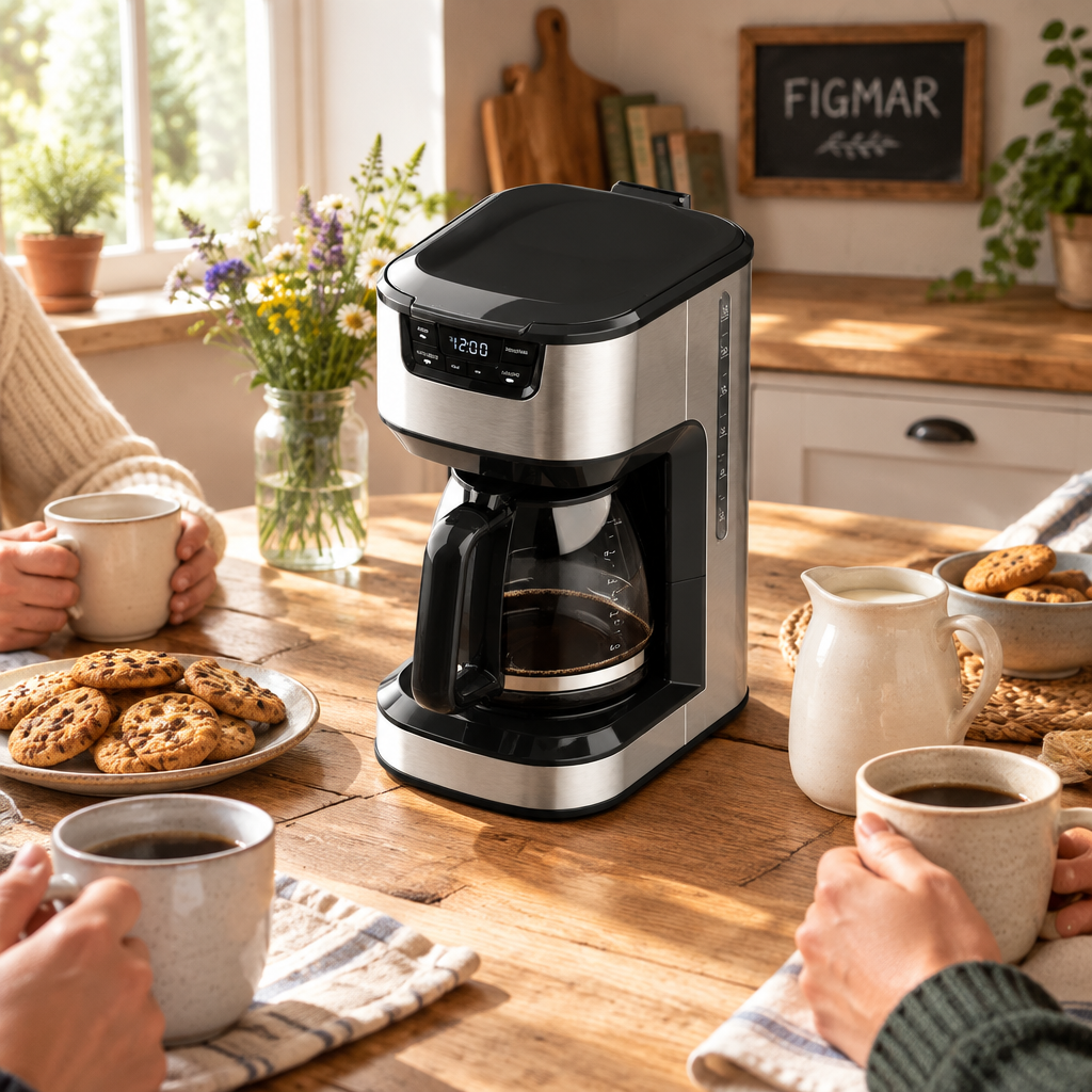 Cafetera de goteo Briar de acero inoxidable en un desayuno con amigos, galletas y leche