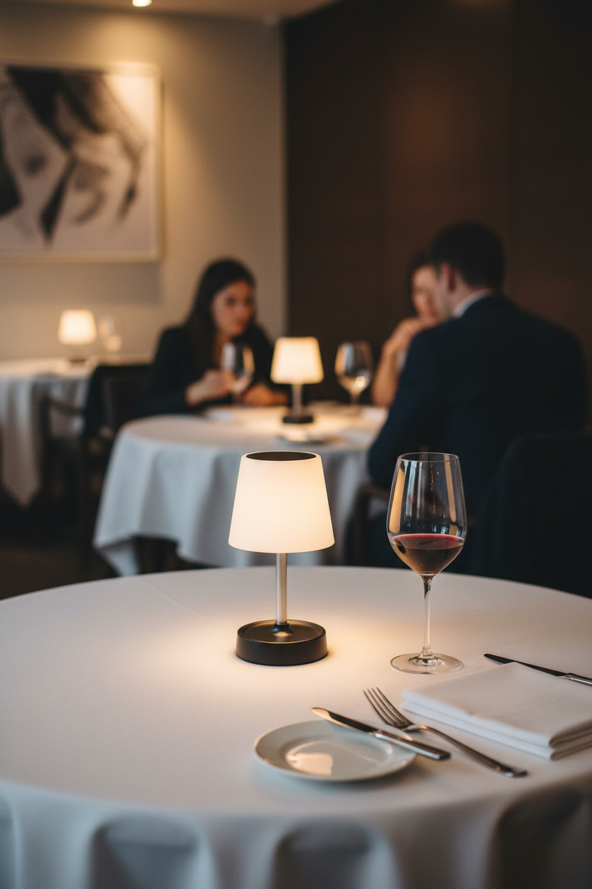 Lámpara sobremesa LED recargable USB-C blanca negra Electro DH en mesa de restaurante elegante