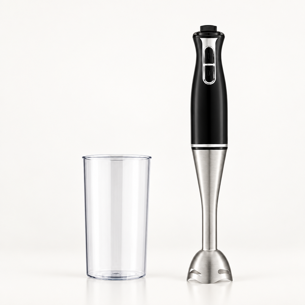Batidora de mano Nyasa negra de 650 W con vaso mezclador sobre una superficie clara