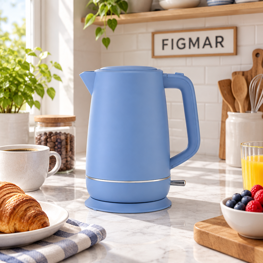 Escena ilustrativa de hervidor azul pastel en cocina con cartel FIGMAR al fondo