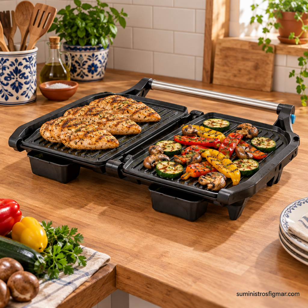 Grill Galeón de 1200 W abierto con pollo a la parrilla, pimientos, calabacín y champiñones, imagen de Suministros Figmar