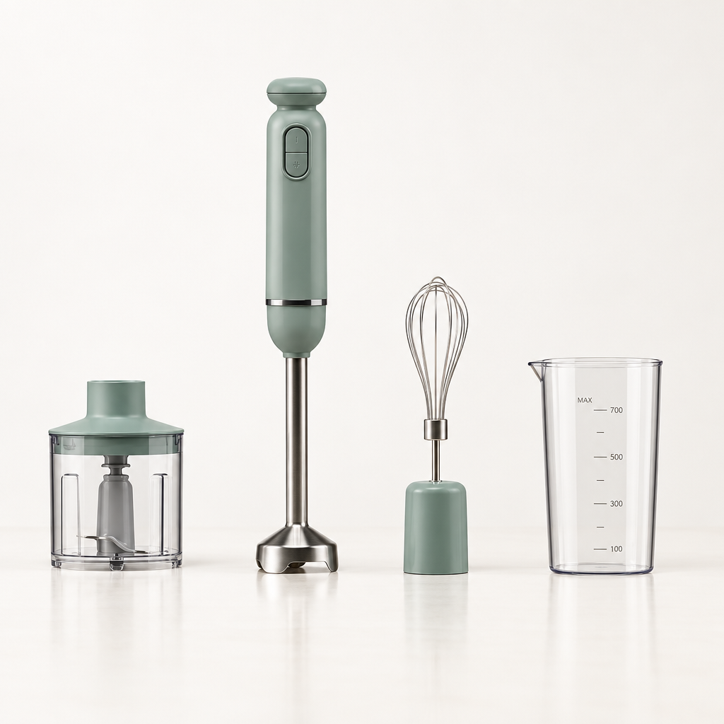 Batidora de mano Kent verde de 600 W con vaso, picadora y batidor de varillas sobre una superficie clara
