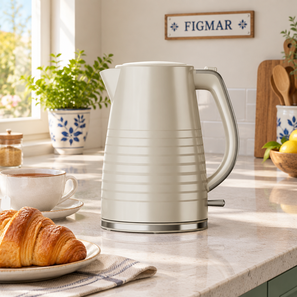 Escena ilustrativa de hervidor beige en cocina con FIGMAR al fondo