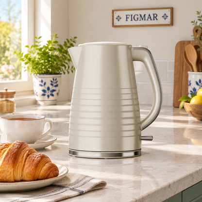 Escena ilustrativa de hervidor beige en cocina con FIGMAR al fondo