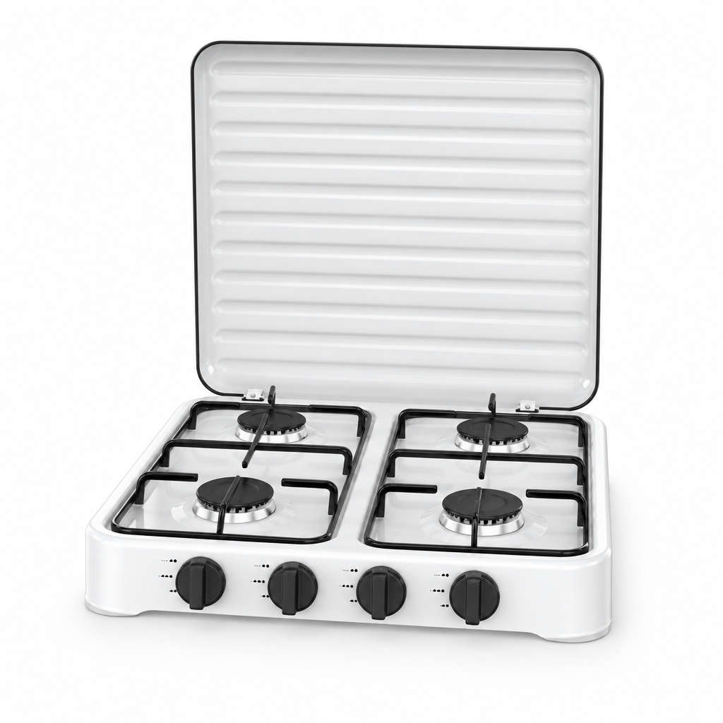 Cocina de gas butano Foster blanca de 4 quemadores con tapa protectora, vista de producto sobre fondo blanco