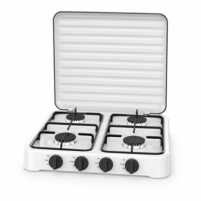 Cocina de gas butano Foster blanca de 4 quemadores con tapa protectora, vista de producto sobre fondo blanco
