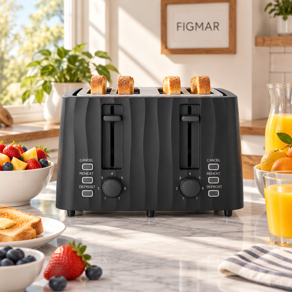 Escena ilustrativa de tostador Ficus negro de cuatro ranuras en desayuno con FIGMAR al fondo