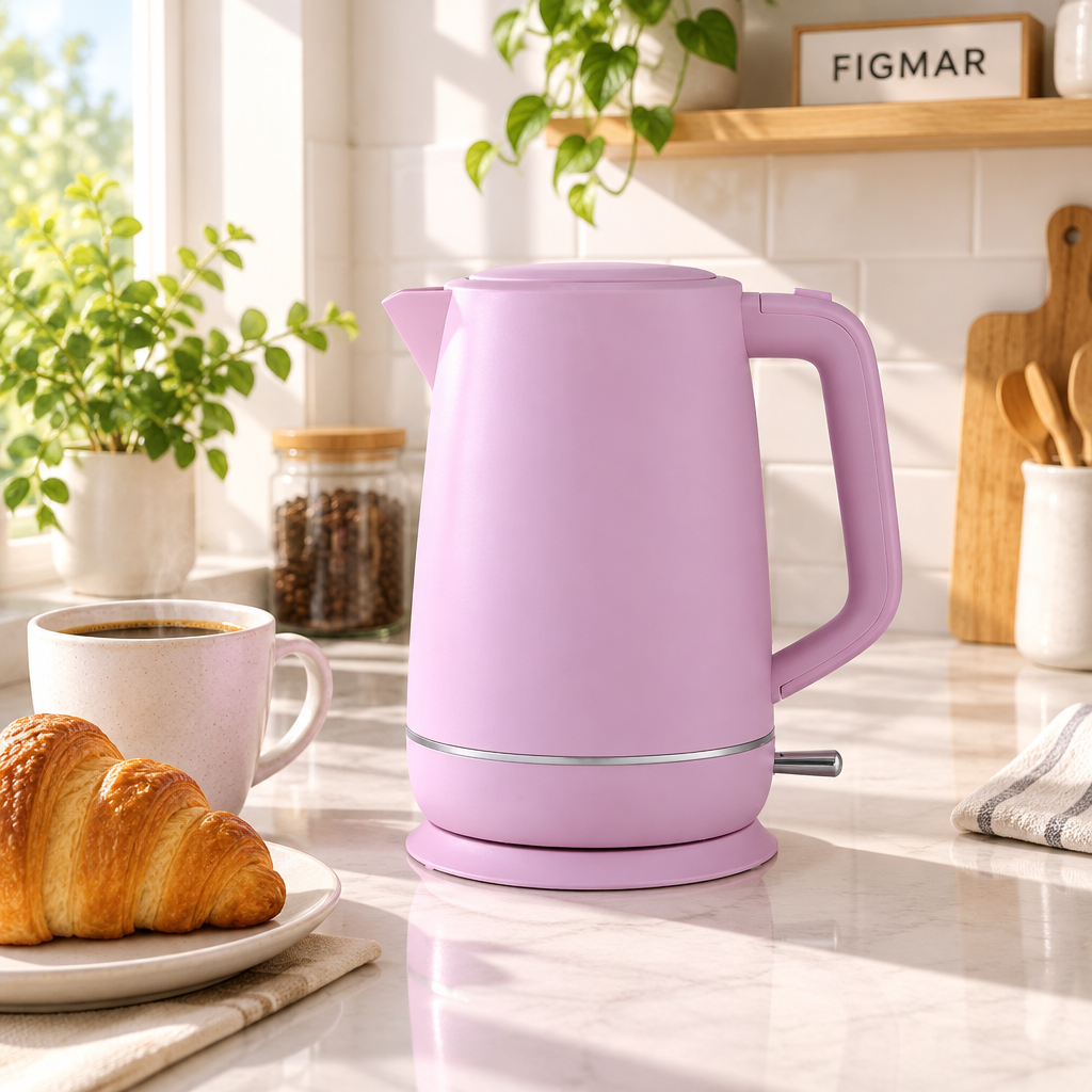 Escena ilustrativa de hervidor rosa pastel en cocina con FIGMAR al fondo