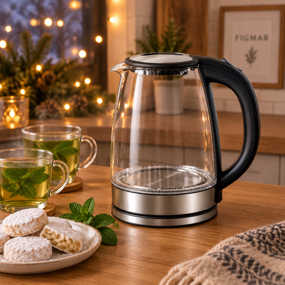 Hervidor de agua Potos de cristal en una tarde de invierno con té de menta y polvorones