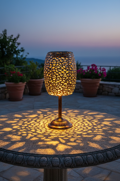 Lámpara solar sobremesa retro metálica calada cobre efecto sombras Galix G2003 en terraza mediterránea