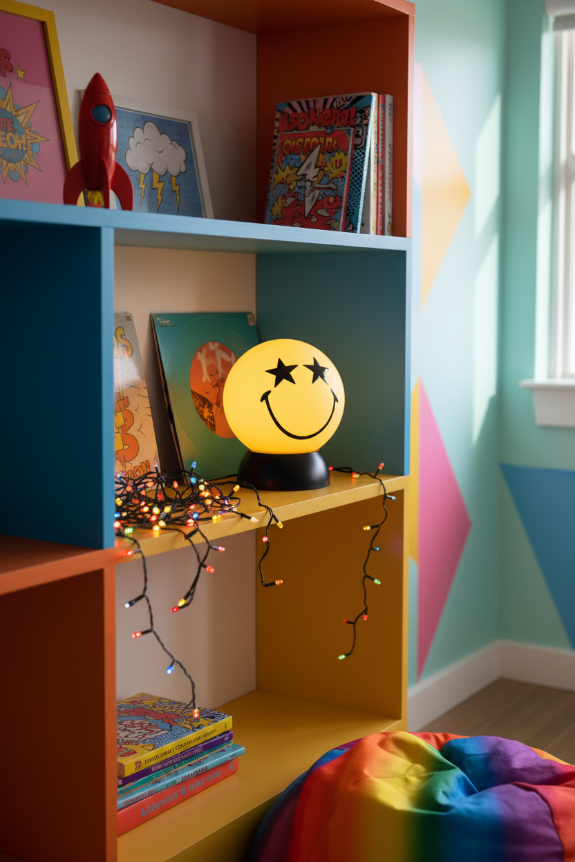 Lámpara sobremesa smiley ojos estrella amarilla E27 Onli encendida en habitación juvenil