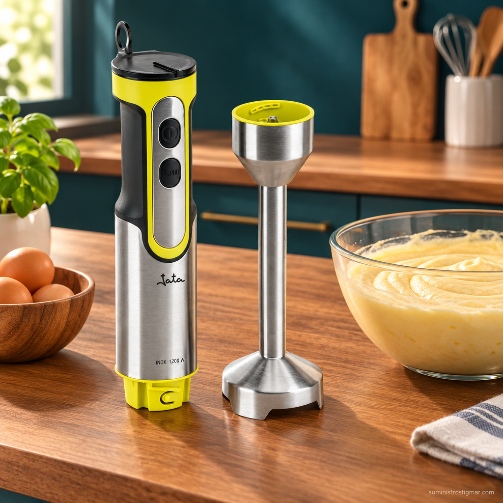 Batidora de mano JATA amarilla de 1200 W en una cocina moderna, imagen de Suministros Figmar