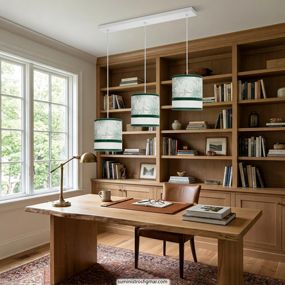 Recreación de regleta Caledonia de tres luces E27 en un estudio con escritorio de madera