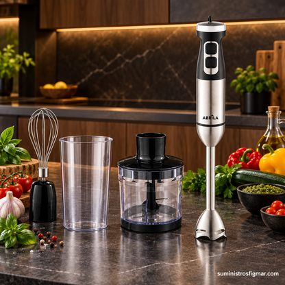 Batidora de mano Onega negra y níquel de 1700 W con sus accesorios en una cocina moderna, imagen de Suministros Figmar