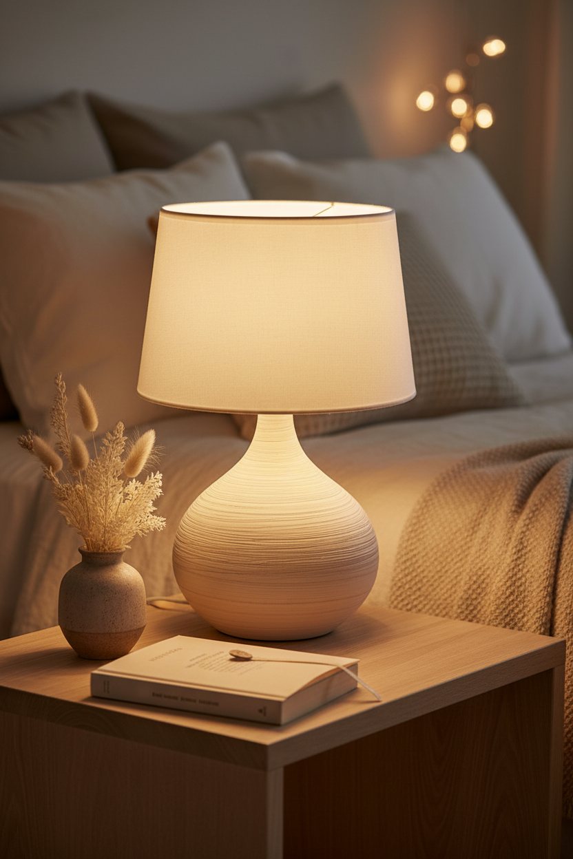Lámpara sobremesa cerámica beige Martin Trio Lighting en ambiente nórdico acogedor