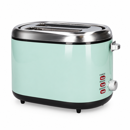 Tostador Sindae Valine verde menta de 850 W con dos ranuras sobre fondo blanco