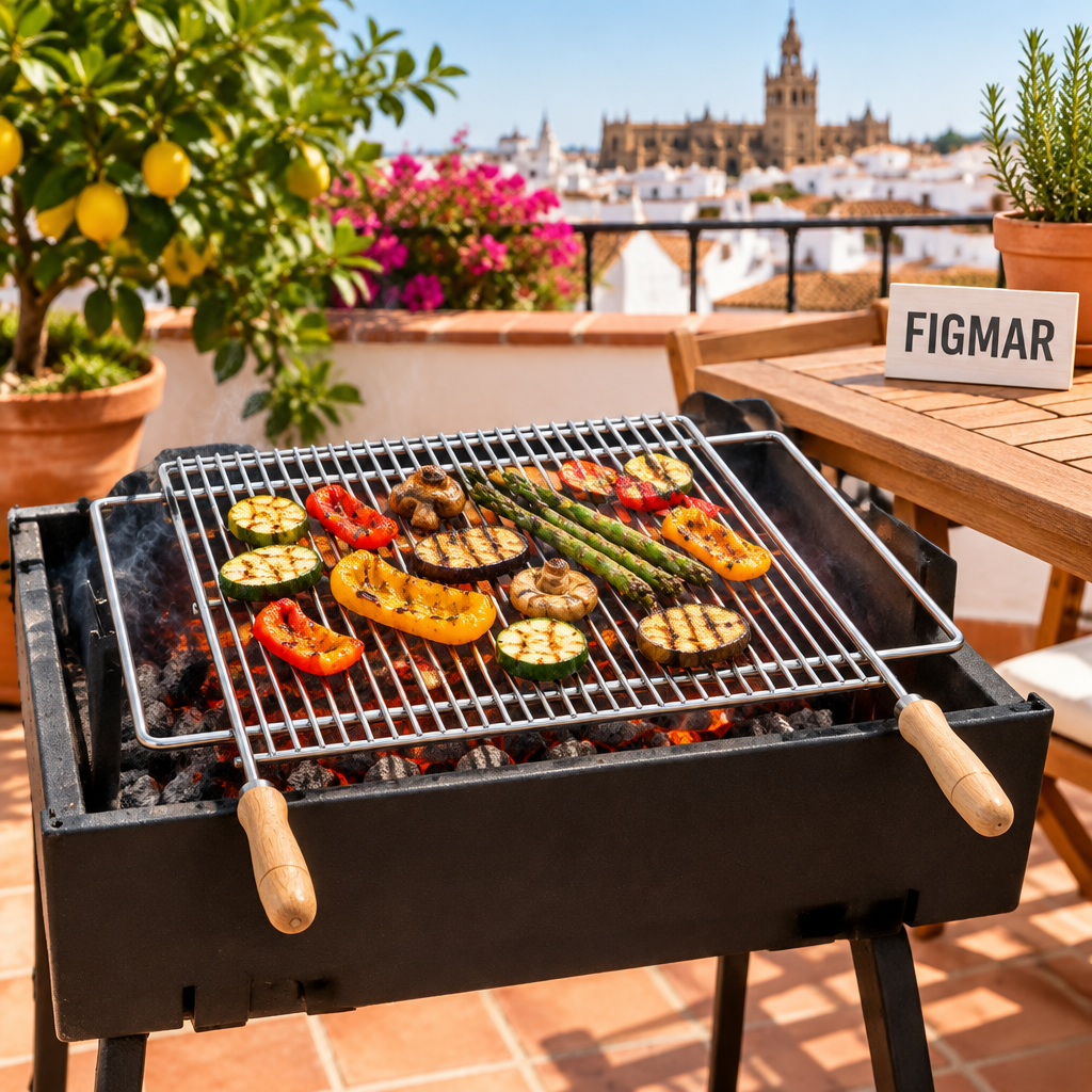 Escena ilustrativa de parrilla extensible inoxidable Sauvic 2815 en terraza con cartel Figmar